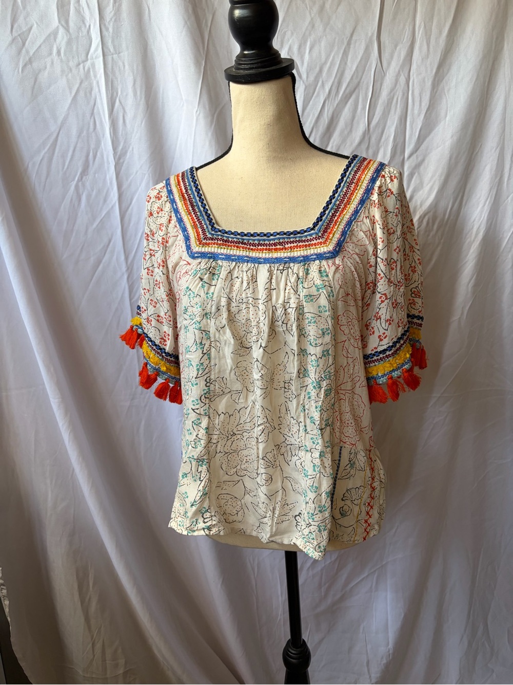 Anthropologie Cream Peasant Blouse with Blue and Orange Trim